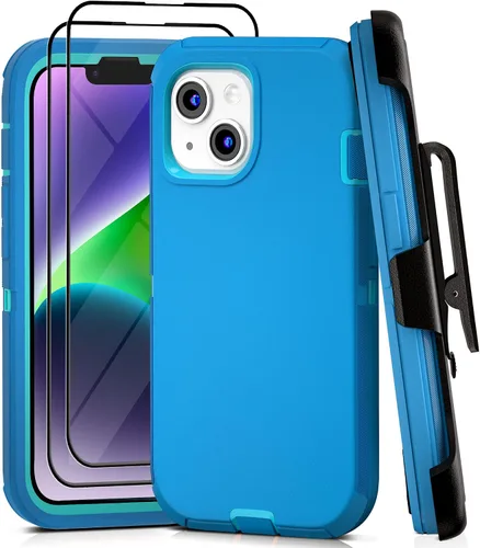 Vista 33 de Funda para iPhone 13 con 2 protectores de pantalla, resistente de grado militar, funda de cuerpo completo para hombres y mujeres (aguamarina + rosa)