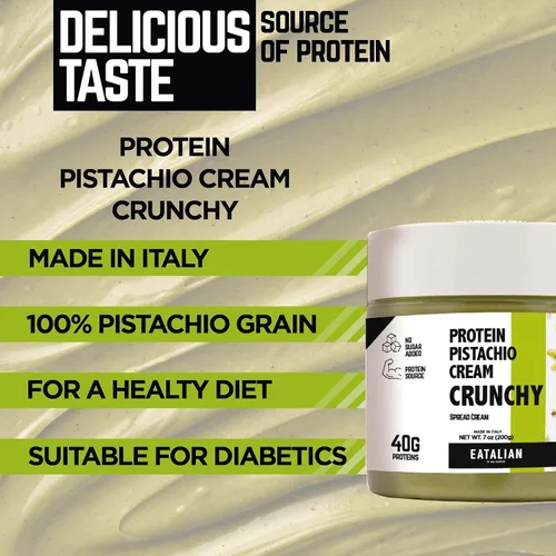 Vista 3 de EATALIAN by AMZ BETTER Crema de proteína de pistacho crujiente untable 7 oz/200 gr, crema de pistacho con granos, pasta de proteínas, sabor dulce