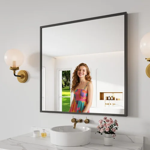Vista 55 de Koonmi - Espejo de baño de 36x60 pulgadas con marco de metal cepillado negro para montaje en pared sobre el fregadero, vidrio templado HD