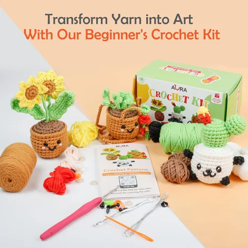 Vista 5 de A-URA Kit de aprendizaje 3 en 1 para principiantes, niños y adultos, patrón de girasol, cactus panda, plantas colgantes para principiantes, kits