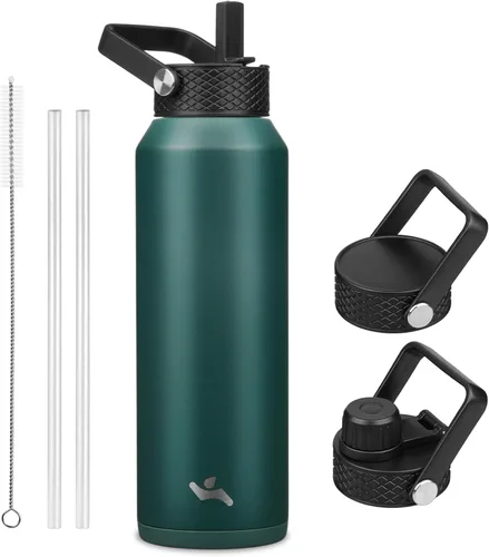 Vista 81 de Konokyo - Botella de agua aislada de 18 onzas, botellas deportivas de acero inoxidable con 3 tapas, verde militar
