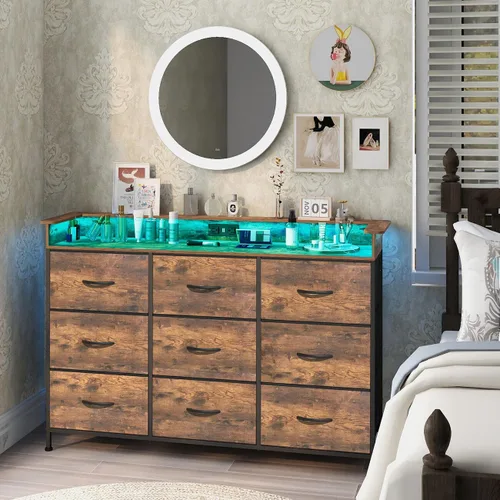 Vista 10 de EXOTICA Cómoda blanca con luz LED para dormitorio, 9 cajones con estación de carga, cómoda para entrada, armario, sala de estar, pasillo, marco