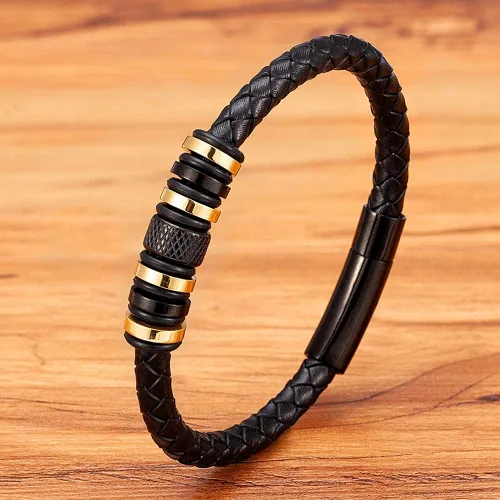 Vista 4 de NAIQUBE Mens Leather Bracelet Stainless Steel Wristband Cuff Braided Leather Bracelet For Men Birthday Jewerly Gift 8.26 inch