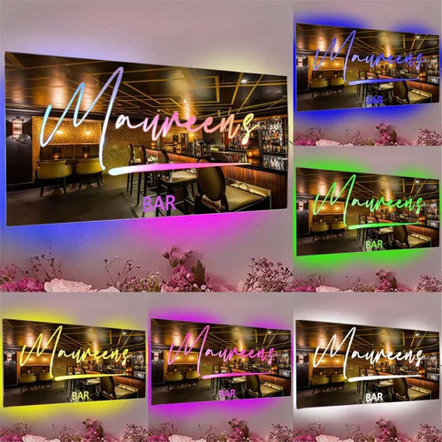 Vista 7 de Espejo de barra de nombre LED personalizado, letreros de neón iluminados para decoración de pared para bar en casa, día de San Valentín y regalos