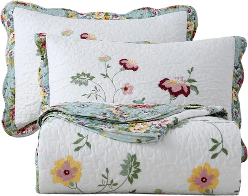Vista 10 de vctops - Juego de colcha de 3 piezas, elegante, con bordado floral, de tamaño individual, 100% algodón, reversible y de retazos, 1 colcha y 2 fundas