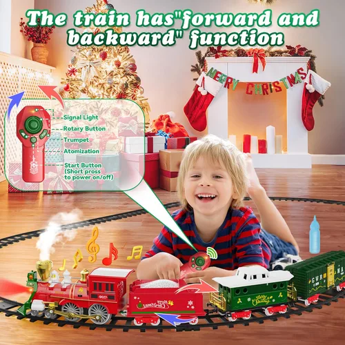 Vista 3 de Hot Bee Juego de tren de Navidad con control remoto, juguetes de tren con humo, luces y sonido, juegos de tren de Navidad para alrededor del árbol