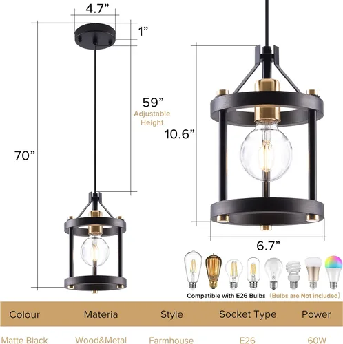 Vista 2 de MO&OK Juego de lámparas de araña de 3 luces vintage, lámparas colgantes de metal y madera estilo granja en negro, iluminación colgante de estructura