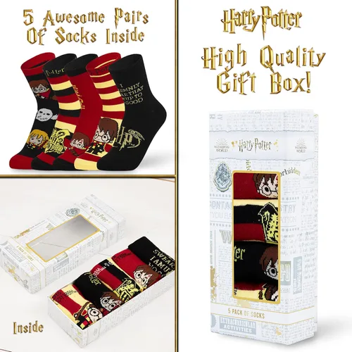 Vista 5 de Harry Potter Calcetines para mujer, 5 pares de calcetines para mujer, regalos, NegroRojo