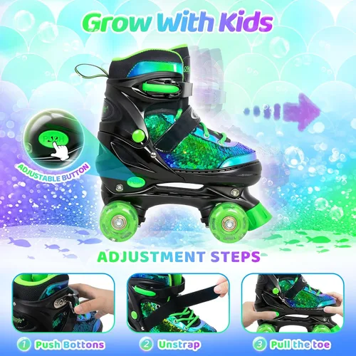 Vista 3 de Nattork Patines de ruedas para niños y niñas, 4 tamaños ajustables, patines cuádruples con lentejuelas y todas las ruedas iluminadas para niños