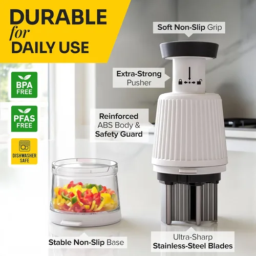 Vista 3 de UltraChop Push Picador de Alimentos y Vegetales, Cuchillas de Acero Inoxidable de Alta Resistencia, Diseño Duradero y Ergonómico, Picador