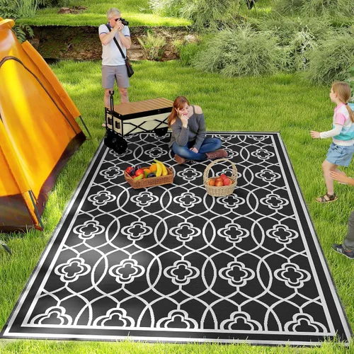Vista 36 de Outsunny Alfombra de exterior para patio impermeable 9' x 18' rombo negro y Borde rombo negro y gris