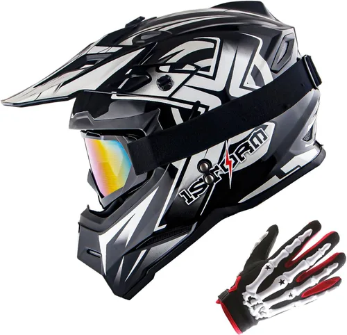 Vista 9 de 1Storm Casco de Motocross para Jóvenes Niños BMX MX Casco de Bicicleta Adolescente Estilo de Carreras; Azul de Carreras + Gafas + Paquete de Guantes