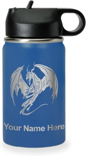 Vista 62 de LaserGram Botella de agua con tapa abatible de doble pared de 12 onzas con pajilla, dragón, grabado personalizado incluido (negro)