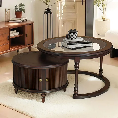 Vista 10 de LKTART Mesa auxiliar anidable para sala de estar, mesas de centro redondas de madera maciza de vidrio templado con almacenamiento, mesa central