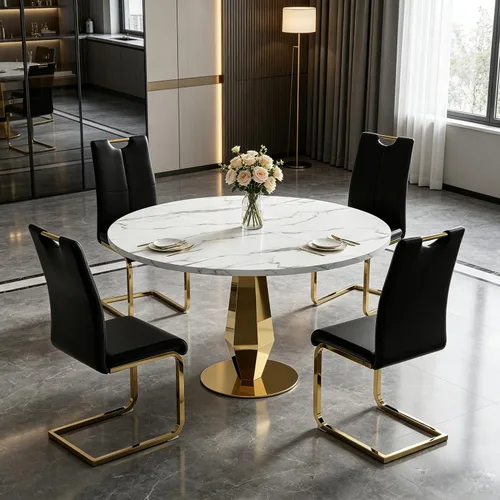 Vista 11 de Henf Mesa de comedor redonda de mármol sintético para 4 a 6 personas, mesa de cocina moderna de oro blanco de 47 pulgadas con base de acero Mesa