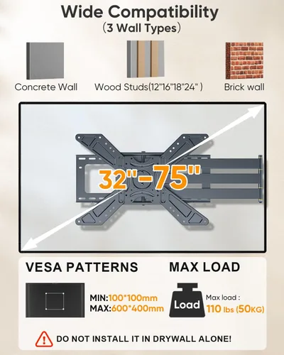 Vista 4 de FORGING MOUNT Soporte de pared para TV de brazo largo con extensión de 48.03 pulgadas para televisores y monitores de 26 a 75 pulgadas, soporte