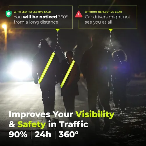 Vista 4 de Chaleco de seguridad con luces LED recargables NordicFlows – Banda reflectante e iluminada para paseos nocturnos, correr y pasear al perro