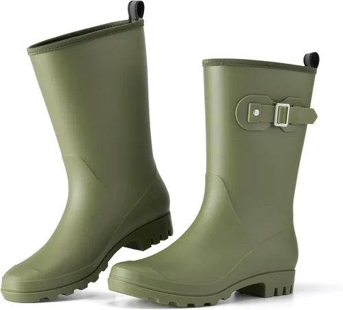 Vista 2 de HISEA Botas de lluvia de goma a media pantorrilla para mujer, botas Wellington impermeables para exteriores