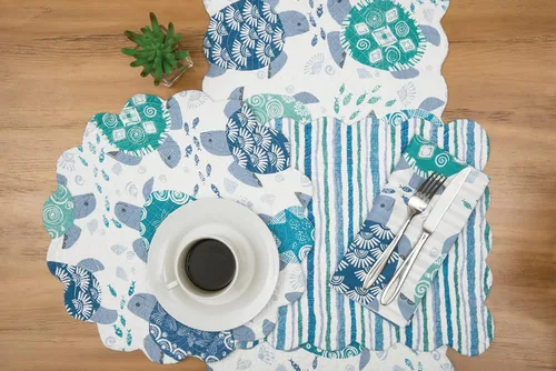 Vista 6 de C&F Home Turtle Bay - Juego de 6 manteles individuales rectangulares acolchados reversibles, color blanco, azul, verde azulado, playa, costero
