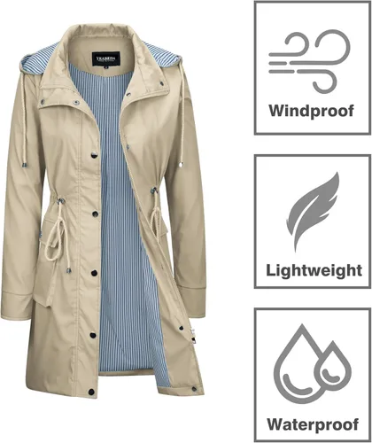 Vista 4 de Gabardina de lluvia para mujer, impermeable, con capucha, ligera, larga, con forro a rayas, chubasquero para lluvia
