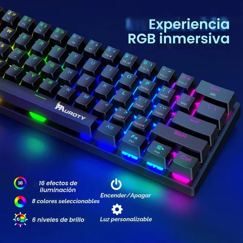 Vista 3 de Pauroty 60% Teclado mecánico inalámbrico, teclado de juego de triple modo 2.4G/USB-C/Bluetooth, retroiluminación RGB, interruptor azul clicky