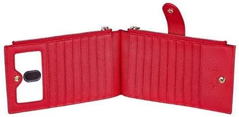 Vista 4 de Travelambo Billetera para mujer con bloqueo RFID plegable para múltiples tarjetas con bolsillo con cremallera, Rojo -, Minimalista
