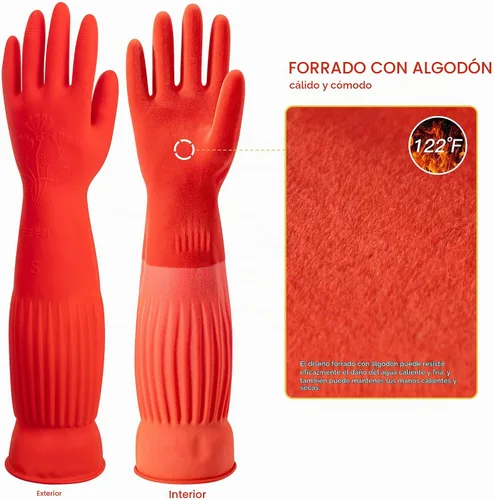 Vista 2 de ThxToms Guantes de goma para limpieza de platos (2 pares), forro polar suave, reutilizables, impermeables, con puño extra largo y agarre