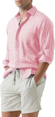 Vista 2 de JMIERR Camisa casual de algodón y lino con botones para hombre
