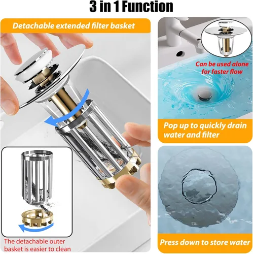 Vista 4 de Anlige Colador de drenaje para lavabo de baño, 2PCS Tapón emergente 3 en 1 para lavabo de baño con cesta de latón extraíble atrapa cabellos, tapón