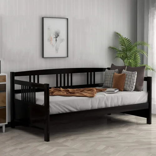 Vista 3 de P PURLOVE Sofá cama individual de madera con rieles, cama individual, listones de madera que soportan la vida moderna, individual, espresso