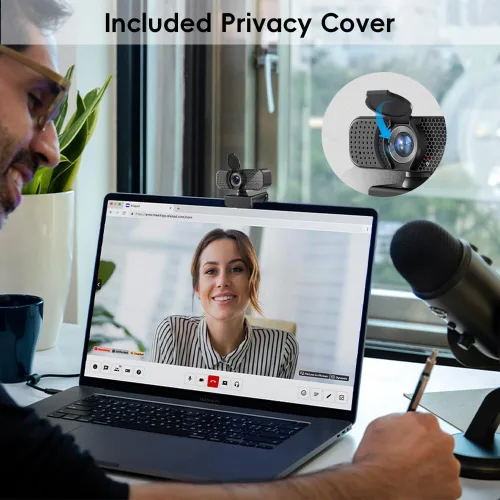 Vista 4 de Cámara web de PC 2K con micrófono y cubierta de privacidad física, micrófono con cancelación de ruido, corrección automática de luz, gran angular