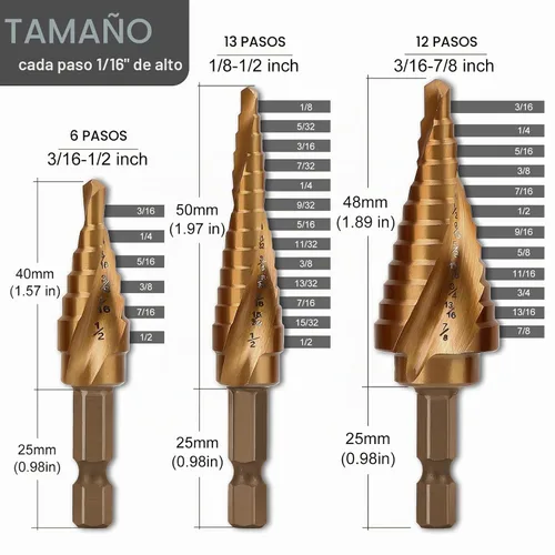 Vista 2 de COMOWARE Juego de 3 brocas de cobalto M35 con vástago hexagonal de 1/4", punzón automático, diseño de impacto de dos hélices, ideal para metal M35