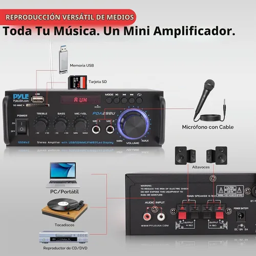 Vista 4 de Pyle Amplificador de potencia estéreo de 200W con Bluetooth - Receptor de audio de doble canal - Pantalla LED - RCA - USB - SD - ENTRADA MIC - Radio