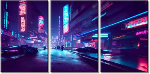 Vista 40 de Cuadros de 3 paneles de Cyberpunk City - Arte de pared de vallas publicitarias de edificios modernos en la capital con obras de arte modernas