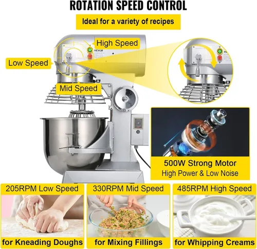 Vista 4 de Happybuy 10Qt Mezclador Comercial de Alimentos con Función de Temporización, Mezclador Comercial de 500W, Bol de Acero Inoxidable, Resistencia