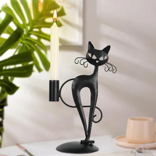 Vista 8 de Candelabro cónico de gato negro para velas LED sin llama, candelabro retro rústico de metal para decoración de gato para centro de mesa, mesa