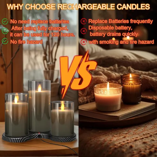 Vista 2 de GenSwin - Velas recargables con estación de carga, velas de cristal sin llama con control remoto, velas LED de pila parpadeantes que funcionan