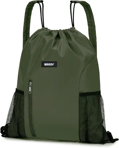 Vista 8 de WANDF Mochila con cordón y almohadilla para el hombro, mochila deportiva para gimnasio con bolsillo de malla para mujeres y hombres, Verde oscuro