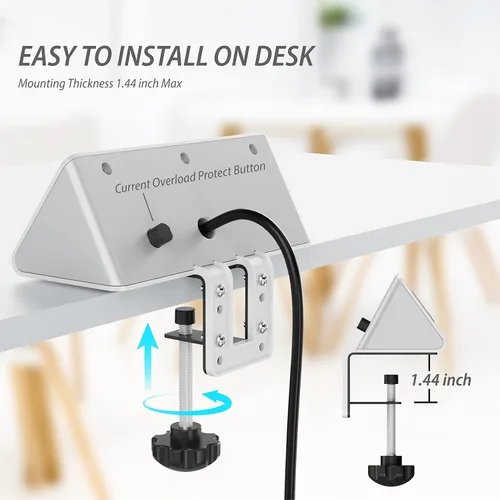 Vista 6 de Regletas de alimentación con abrazadera para borde de escritorio con 4 puertos USB (1 puerto PD 20 W USB-C) y 3 salidas de CA, protector