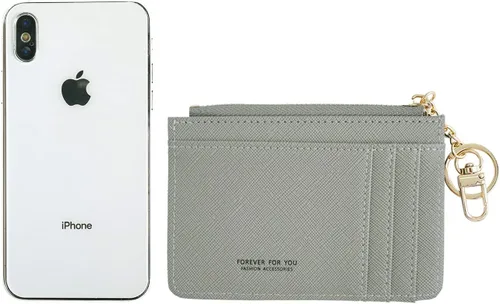 Vista 4 de Cartera de cuero delgado minimalista con bolsillo frontal para mujer con ventana de identificación y llavero, Gris, Simple