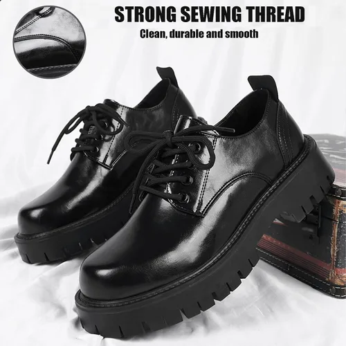 Vista 4 de Zapatos Oxford de cuero con cordones para hombre, plataforma, punta redonda, tacón grueso, suela con tacos, elevadores, suela suave, zapatos