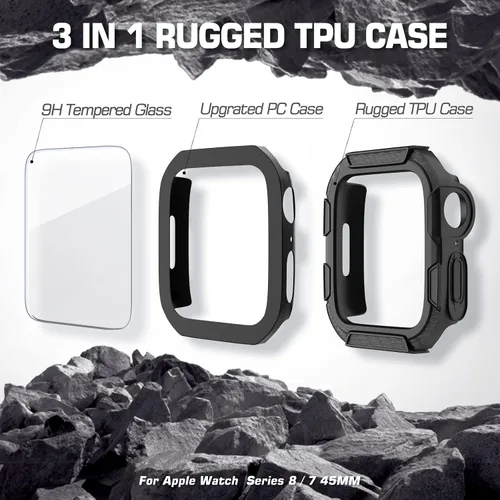 Vista 3 de EDIMENS Paquete de 2 fundas resistentes compatibles con Apple Watch de 1.772 pulgadas Series 9/8/7 con protector de pantalla de vidrio templado