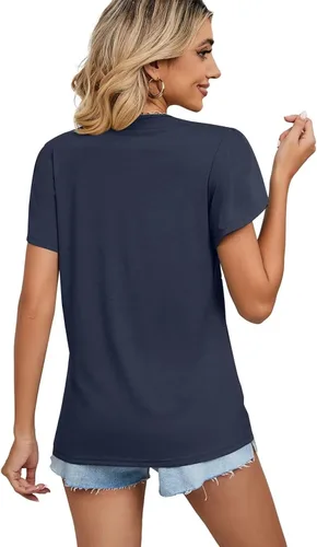 Vista 5 de WELINCO Camisetas básicas de verano para mujer, cuello en V, manga de pétalo, estilo casual