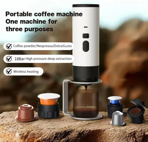 Vista 3 de Cafetera portátil de café autocalentable para automóvil, cafetera de café expreso para viajes, camping, funciona con pilas, USB/tipo C, con café
