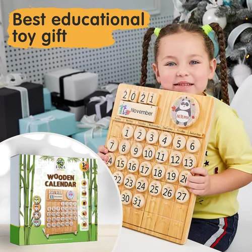 Vista 6 de Panda Brothers Calendario perpetuo de madera, juguete Montessori para niños, temporadas de aprendizaje, meses y días del año, calendario preescolar