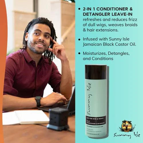 Vista 3 de Sunny Isle Solo para pelucas, tejidos, trenzas y extensiones 2N1 acondicionador y desenredante de 8 onzas, para cabello sintético y natural, aloe