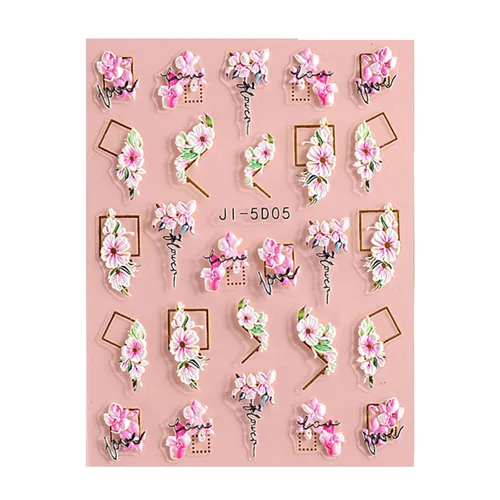 Vista 14 de Calcomanías de uñas, 4 hojas en relieve floral 5D, autoadhesivas para manicura de bricolaje