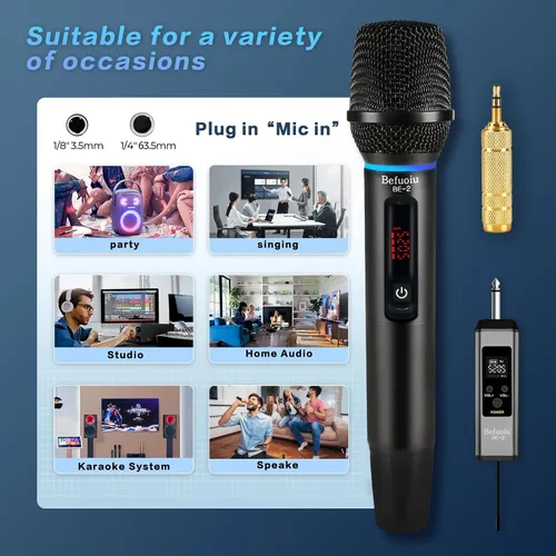 Vista 9 de Micrófono inalámbrico recargable UHF para cantar con bolso, micrófono dinámico de mano de metal con receptor, micrófono de karaoke inalámbrico