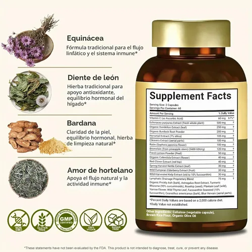 Vista 7 de Cápsulas de drenaje linfático, fórmula herbaria natural de 120 unidades para la salud inmunológica y equilibrio de líquidos con diente de león
