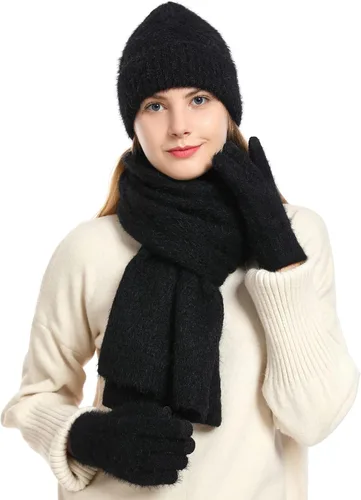 Vista 2 de ecodudo Conjunto de bufanda y gorro de invierno para mujer, conjunto de guantes para pantalla táctil con pompón para mujer